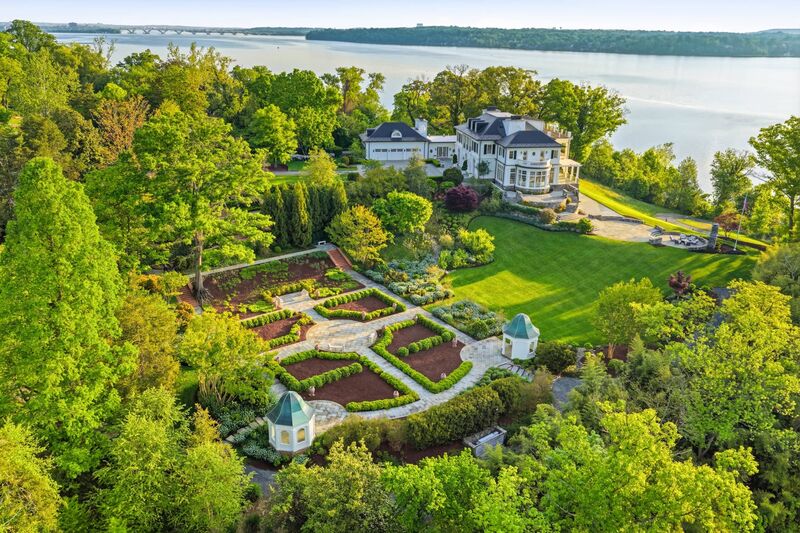 Stone hearth pavilion overlooking the river
